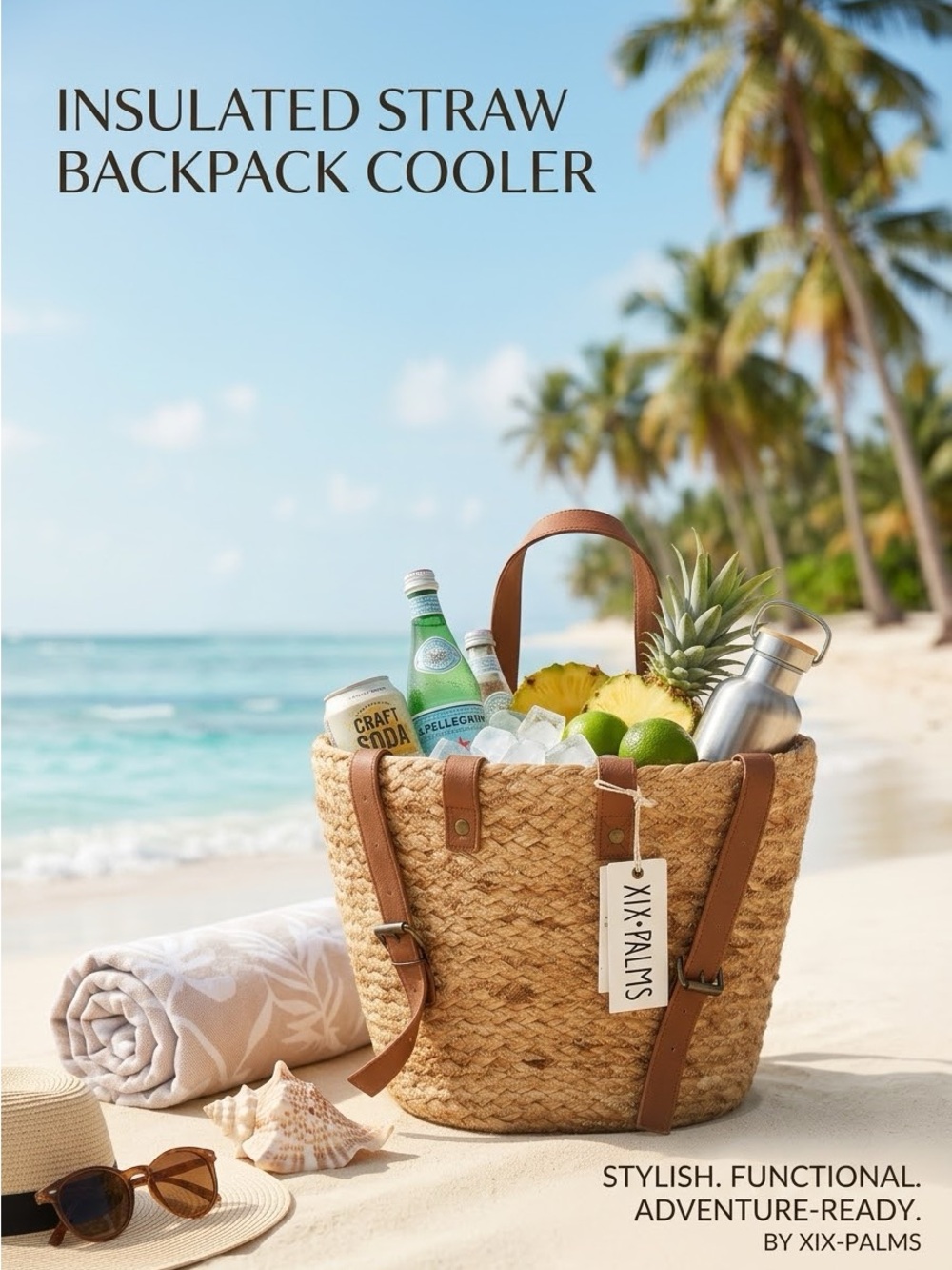 XIX Palms Shorebreak Picnic Cooler Backpack Jute Vegan Leather Insulated Liner‎